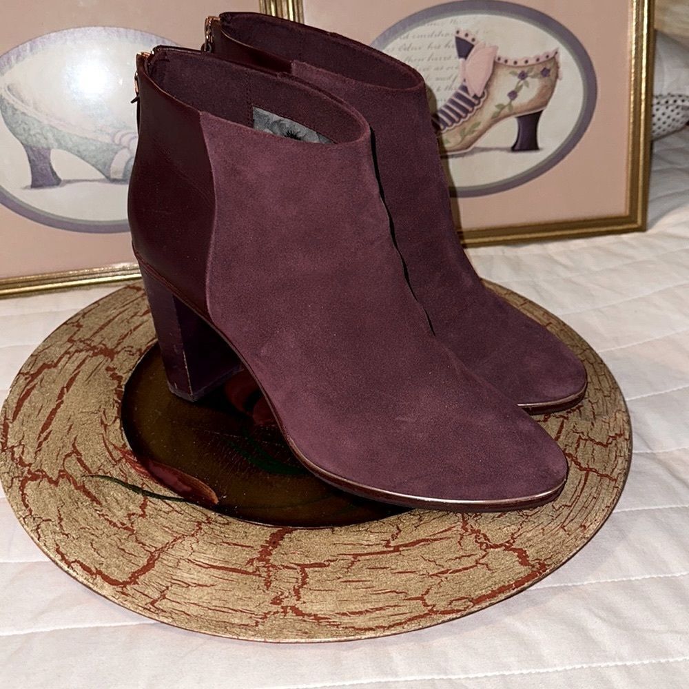 Ted Baker 10.5 41 Azaila Contrast Suede Leather Burgundy Stacked Heel Booties